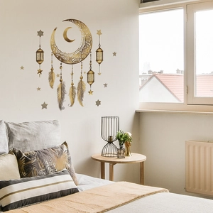 Golden moon and lantern wall stickers with feathers and stars for home bedroom decor