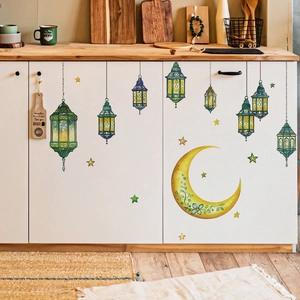 Green vintage lantern and moon wall stickers for Ramadan and Islamic home decor