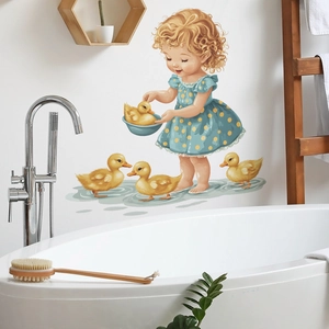 Cartoon girl and yellow ducks wall sticker for bathroom decoration with wavy water pattern