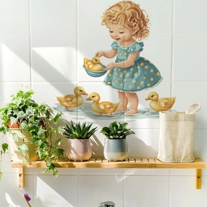 Cartoon girl and yellow duck wall stickers for bathroom tiles home decor
