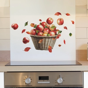 Colorful apple harvest kitchen wall sticker with woven basket and falling autumn leaves