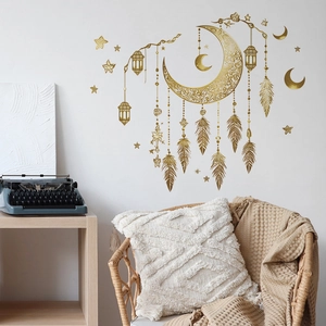 Bohemian gold moon and feathers wall sticker with hanging lanterns and stars for home decor