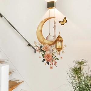 Moon and mosque wall decal with pink flowers for home living room decoration