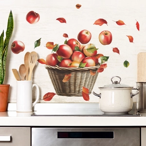 Colorful apple basket wall stickers with red leaves for kitchen and home decoration