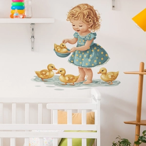 Cute cartoon girl and yellow ducks wall stickers for nursery and bathroom decoration