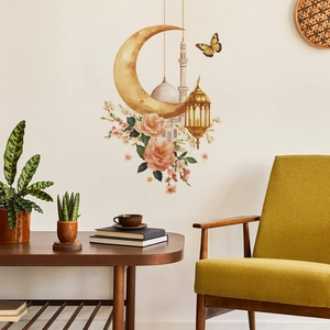 Watercolour crescent moon wall sticker with mosque and floral accents for home decor