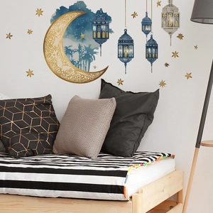 Starry moon and blue lanterns wall decals for bedroom decoration in gold and blue tones