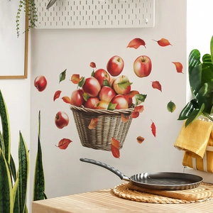 Colorful apple basket wall decal with autumn leaves for kitchen and dining room decor