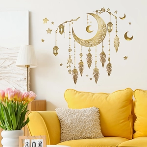 Golden Ramadan wall sticker with moon, lanterns and stars on a living room wall