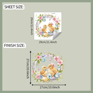 Detail view of cartoon chicken wall sticker sheet size and finished application dimensions