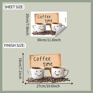 Detail view of coffee cup wall stickers showing sheet size and finish size dimensions