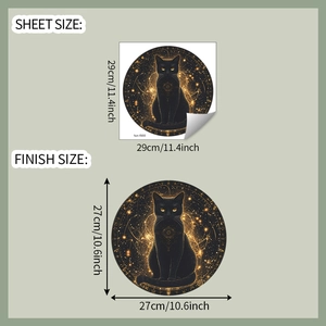 Detail showing sheet size 29x29cm and finish size of the black cat wall sticker