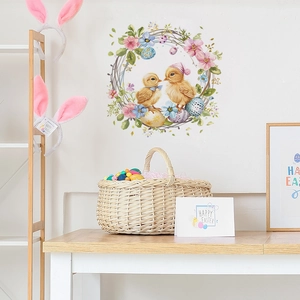 Happy Easter cartoon chicken and floral wreath wall sticker for home decoration