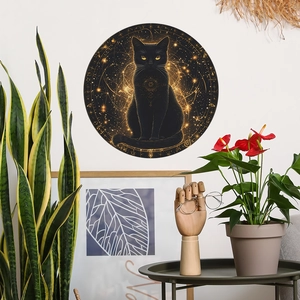 Artistic round black cat wall sticker with mystic gold geometric patterns and starry eyes