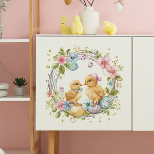 Easter wall stickers featuring cute chicks in a flower basket for home decoration