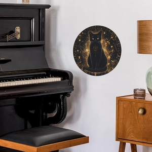 Minimalist round black cat wall sticker with golden astrology patterns for home decor