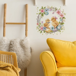 Cartoon chicken and floral wreath wall decal for bedroom and living room decor