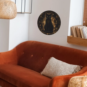 Artistic round black cat wall sticker with golden nebula and sacred geometry patterns