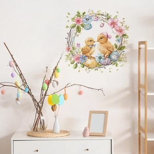 Cartoon Easter chicks with floral wreath watercolor wall sticker for bedroom and nursery