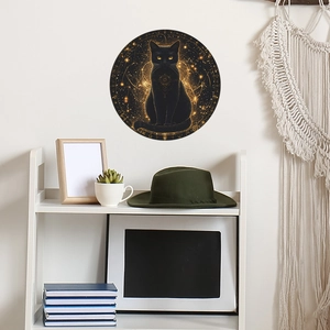 Creative round wall sticker featuring a black cat with golden celestial astrology patterns