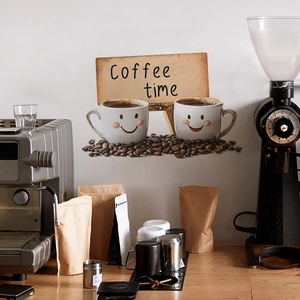 3D coffee cup wall sticker with Coffee Time sign and beans for cafe wall decor
