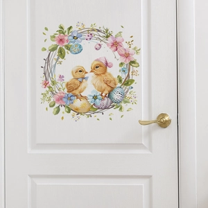 Easter Wall Stickers Cartoon Chick Flower Wreath PVC Self Adhesive Decal For Living Room Bedroom Kids Room Home Decor