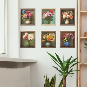 6er-Set selbstklebende 3D-Wandaufkleber mit Vintage-Vasen und blühenden Blumenmotiven
