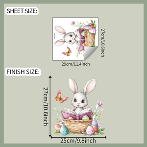 Detailed sheet and finish size dimensions for cartoon bunny and easter egg wall sticker