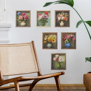 6-teiliges Set quadratische 3D-Blumen-Wandbilder mit Holzrahmen für Heimdekoration