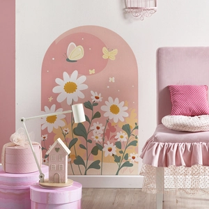 Pink floral arch wall sticker with butterflies and daisies for cozy bedroom home decor
