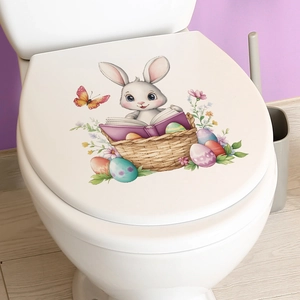 Cartoon white bunny reading on basket with Easter eggs waterproof toilet lid decal