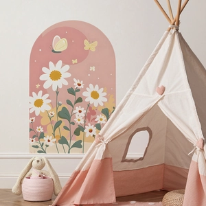 Pink floral arch wall sticker with daisies and butterflies for kids' bedroom nursery decor
