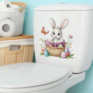 Hand-painted rabbit reading a book toilet sticker with floral Easter decor elements