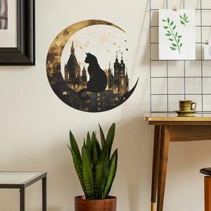 Wandtattoo mit schwarzer Katzensilhouette und Mondschloss für Wohnzimmerdekoration