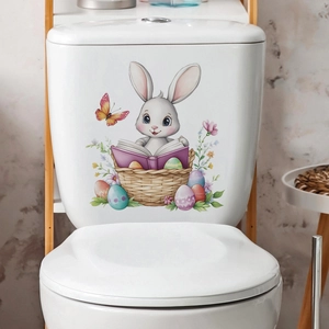 Cartoon Rabbit Reading Book Easter Egg Flower Toilet Sticker Waterproof PVC Bathroom Decor Wall Decal Home Ornament