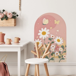 Pink arch wall decal with white daisies and butterflies for bedroom decoration