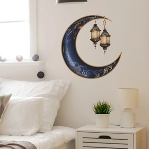 Golden crescent moon and Arabic lamps wall decal in a cozy bedroom setting