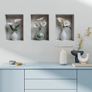 3D calla lily flower wall stickers with vases in modern minimalist home interior decor