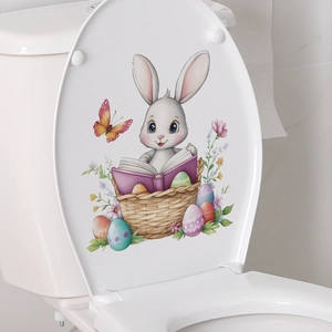 Cartoon rabbit reading book on toilet lid sticker with Easter eggs and floral patterns