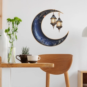 3D Ramadan crescent moon wall sticker with golden lanterns on white interior wall