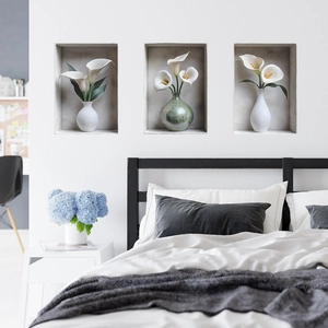 Modern 3D wall art stickers featuring white calla lilies in vases for bedroom decor