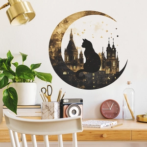 Wandaufkleber mit goldenem Mond, Katzensilhouette und Stadtbild im modernen Design