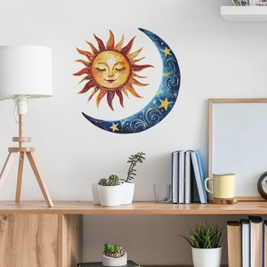 Artistic sun and moon wall stickers for home decor with hand-drawn aesthetic on white wall