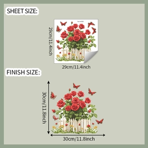 Dettaglio degli adesivi murali con rose rosse e farfalle con specifiche dimensionali