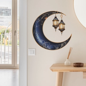 Golden moon wall sticker with vintage lanterns for elegant Eid themed home decoration