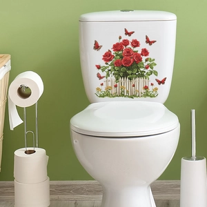 Adesivo per WC floreale con rose rosse, farfalle e una staccionata bianca in legno