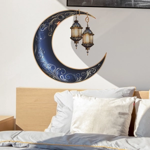 Artistic crescent moon wall decal with golden patterns and vintage lamps in bedroom