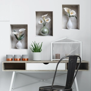 Modern 3-piece wall art stickers featuring white calla lilies and vases in a Nordic style