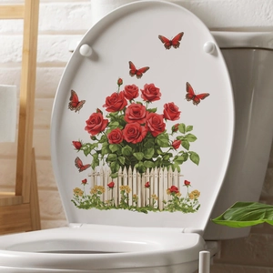 Adesivo per sedile WC con rose rosse, farfalle e decorazione giardino con staccionata