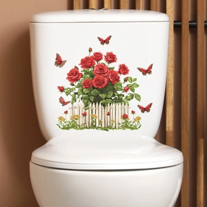 Adesivo per Coperchio del WC con Rose Rosse e Farfalle PVC Impermeabile Decalcomania Floreale con Recinzione Bianca per Bagno